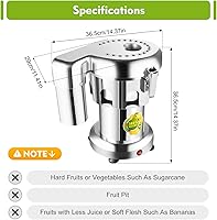 Vista 7 de Extractor de jugo comercial, máquina exprimidora eléctrica de 370 W 110 V, exprimidor de acero inoxidable para frutas y verduras, máquina