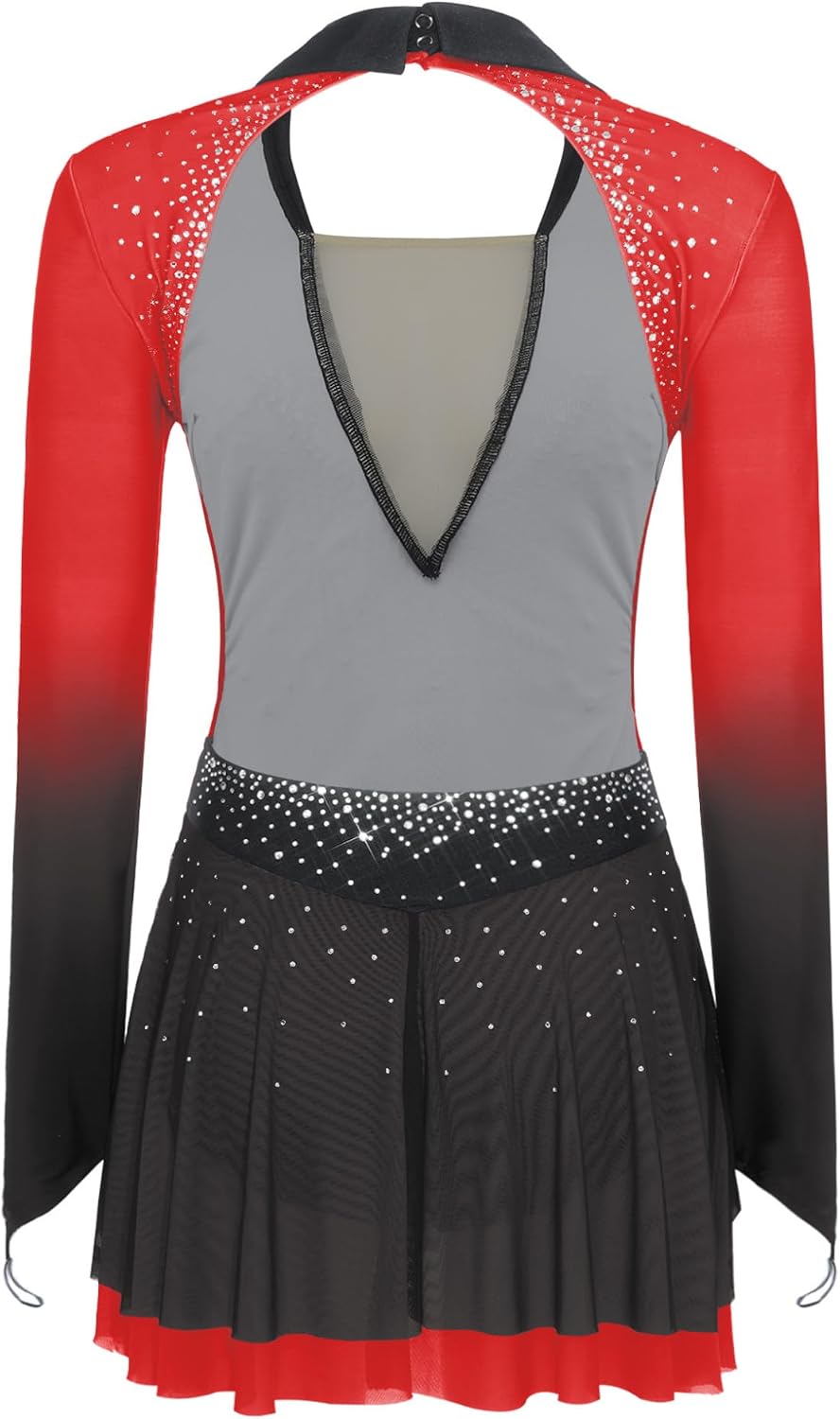 JanJean Women Long Sleeved Gradient Color Figure Skating Bodysuit Competition Perform Wear Ballet Dance Outfit