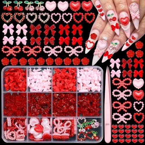 RODAKY Bow Nail Charms Pink Red Heart Charm for Nails Valentine's...