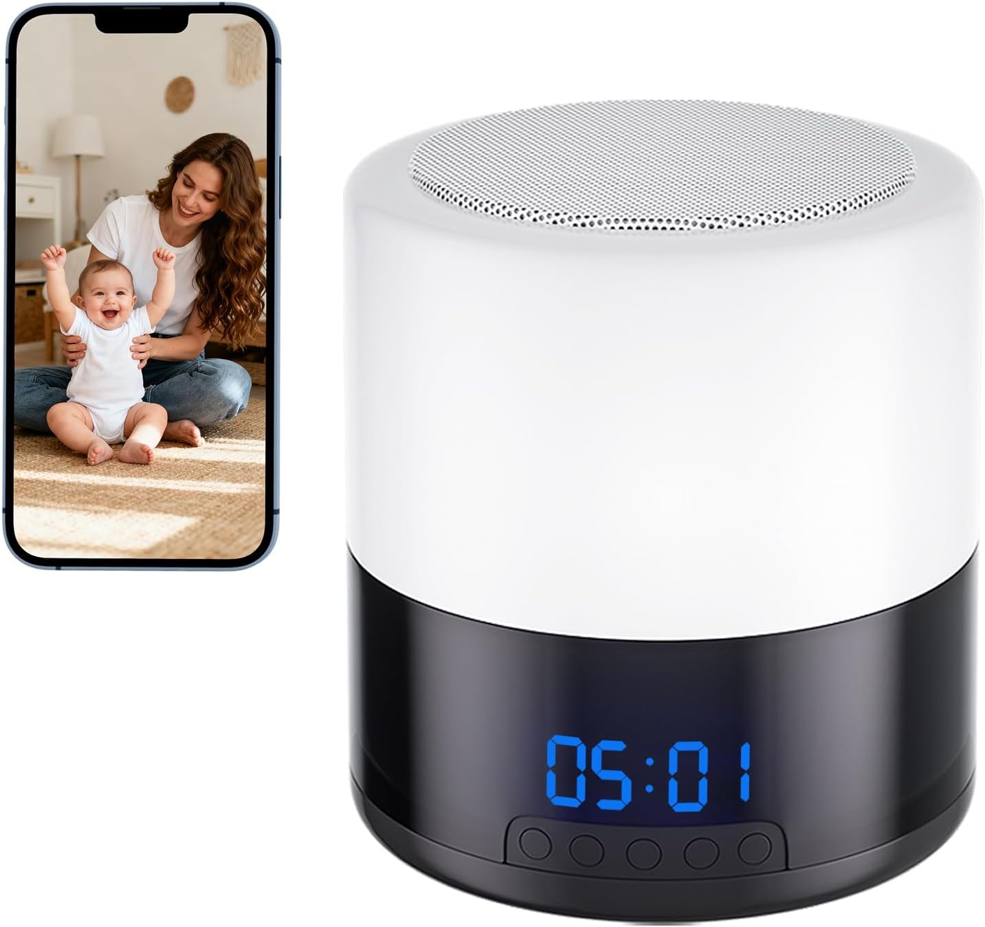 Security Camera Indoor for Home – Bluetooth Speaker – Homekit Camera – 1080P Clock Camera with 160°Rotating Viewing Angle – Night Light – AI Motion Detection (Black and White)