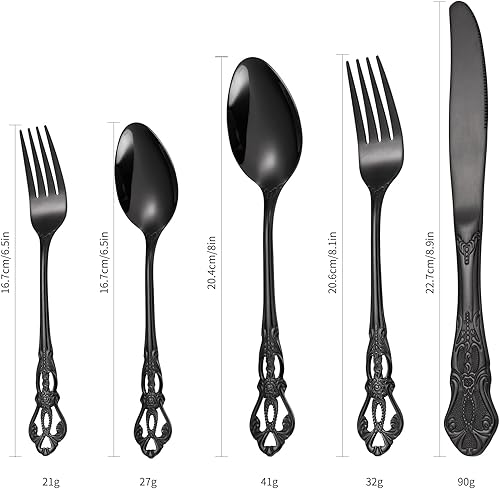 Miniatura 5 de A  HOUSEWARE Black Silverware Set for 4 Palace Relief Hollow Handle Flatware Set 20 Pieces, Stainless Steel Cutlery Set,Heavy Durable Mirror Polish