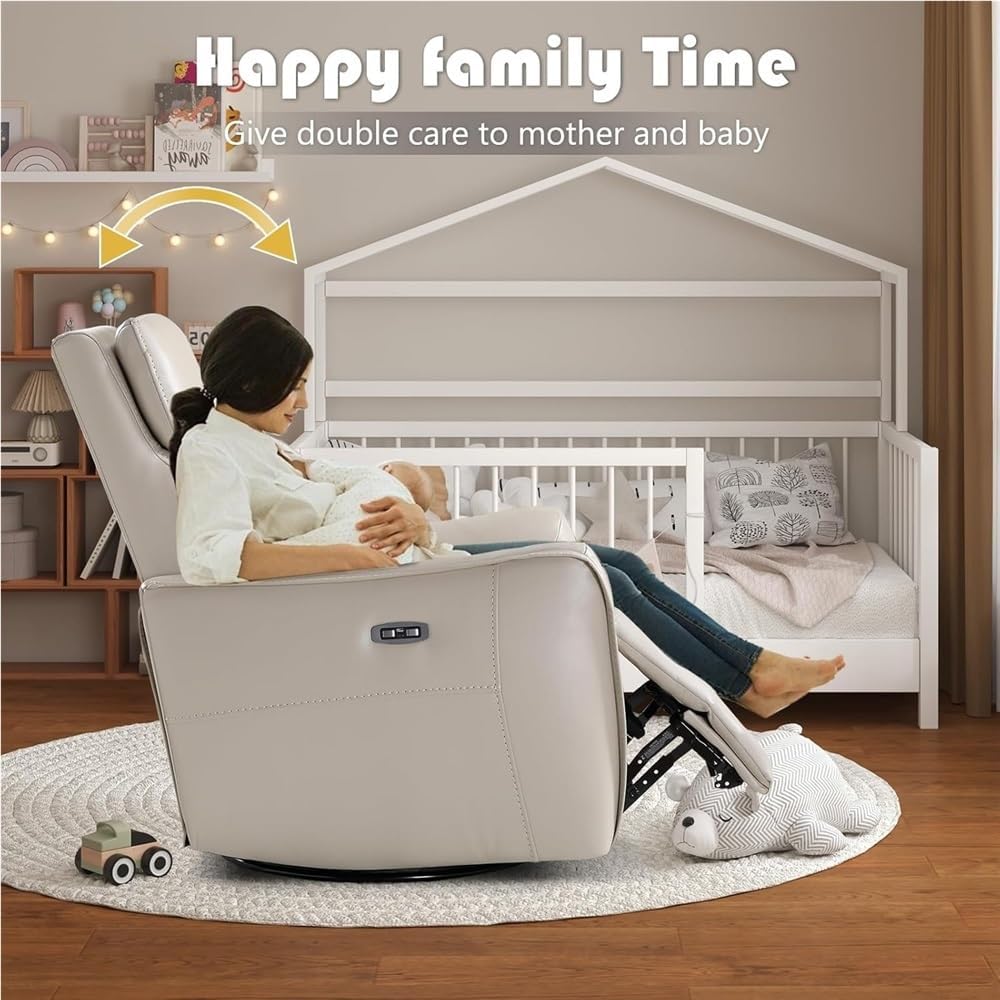 Silver Gray Leather Power Recliner Chair with 270° Swivel, Glider Rocker Function and USB Charging Port, Comfortable Electric Recliner Sofa for Nursery or Living Room