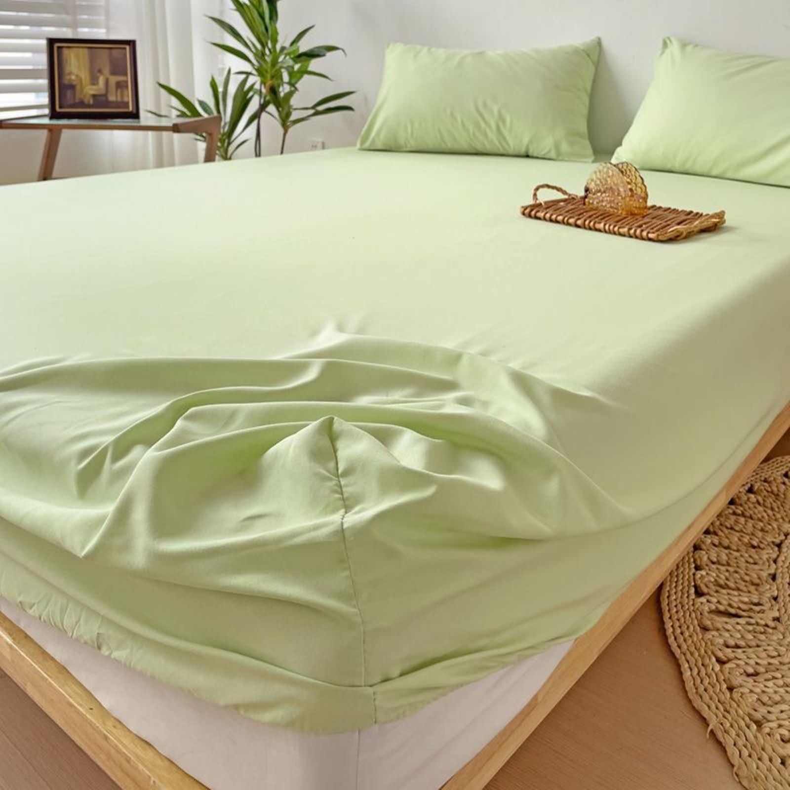 Lenzuola Matrimoniale con Angoli Fibra di bambù, Lenzuolo Matrimoniale 180x220 cm Tinta Unita Lenzuola e 2 Federe Traspirante, Morbido, Lavabile in Lavatrice, Verde Chiaro