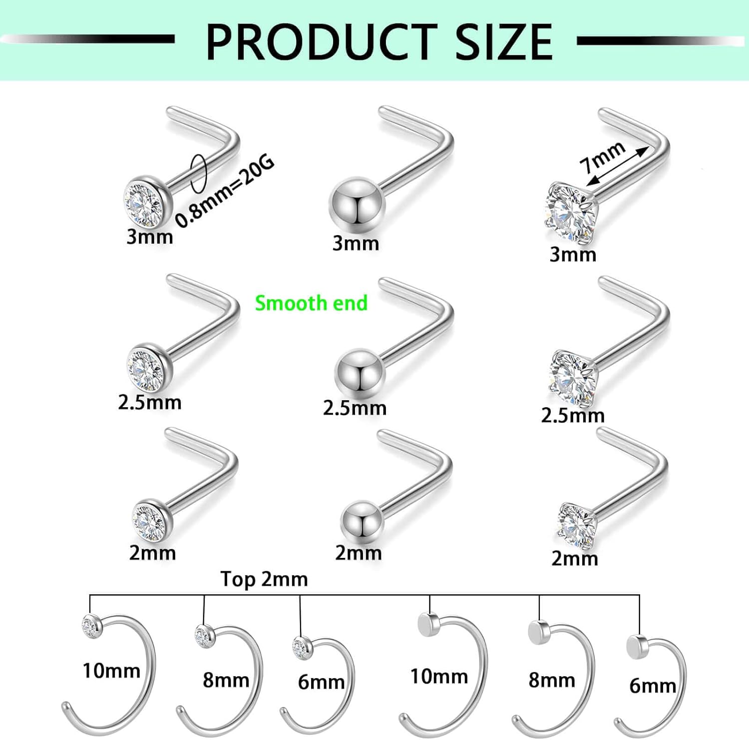 20G Nose Rings Titanium Nose Studs Cubic Zirconia Straight Nose Piercing Jewelry Hypoallergenic Nose Rings Studs for Women Men 6pcs set Silver - Image 2