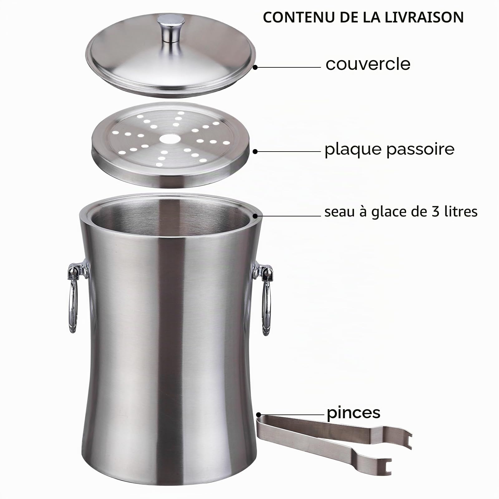 Kit Seau à Glace, 3L, Seau à Glace Double paroi en Acier Inoxydable