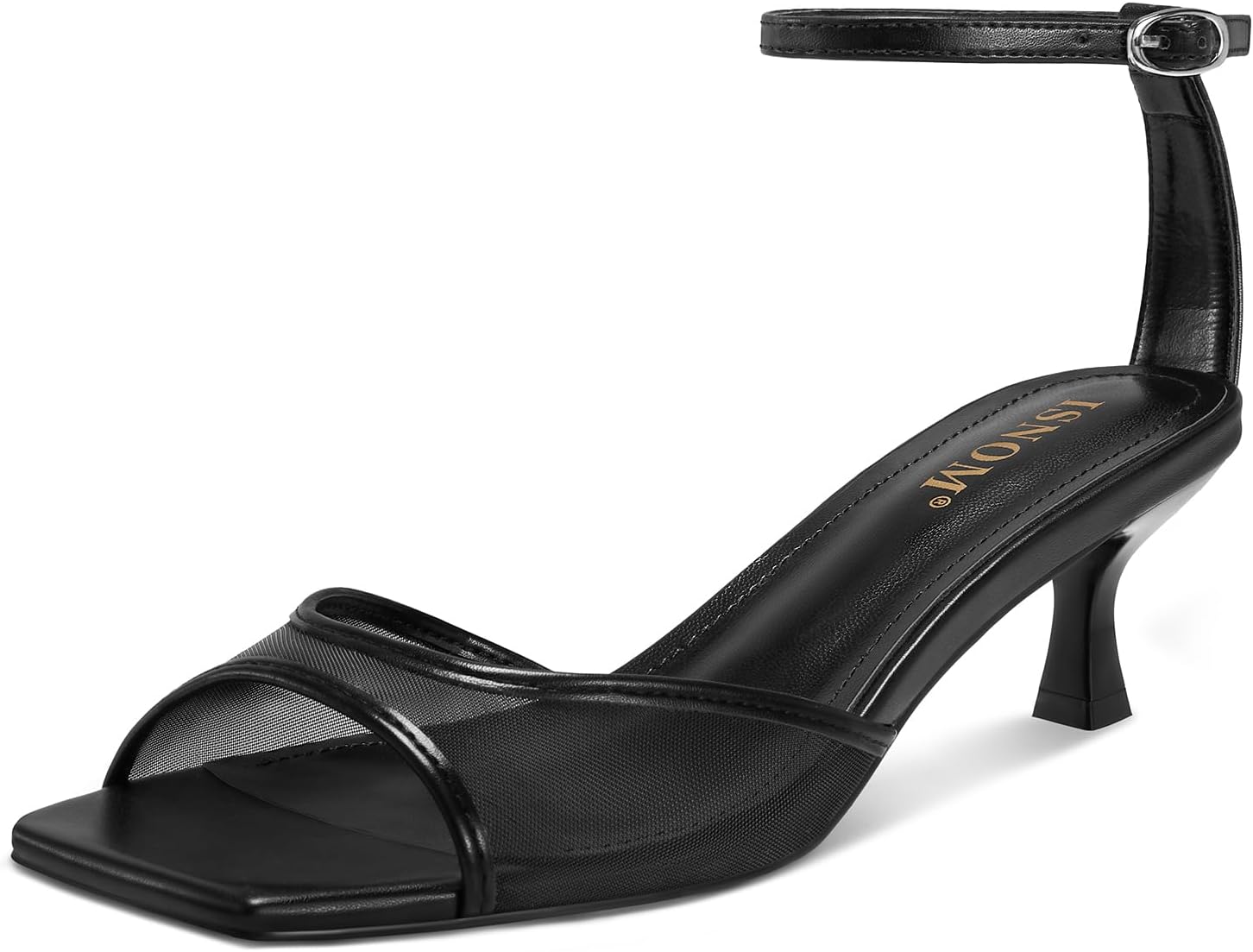 ISNOM Womens Mesh Kitten Heels Sandals Square Toe Ankle Buckle Strap Low Heels Comfort Summer Dress Shoes
