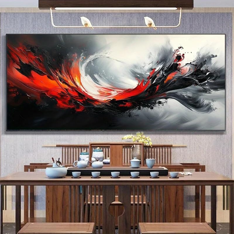 Tableau abstrait moderne en toile rouge noir blanc 40x80cm
