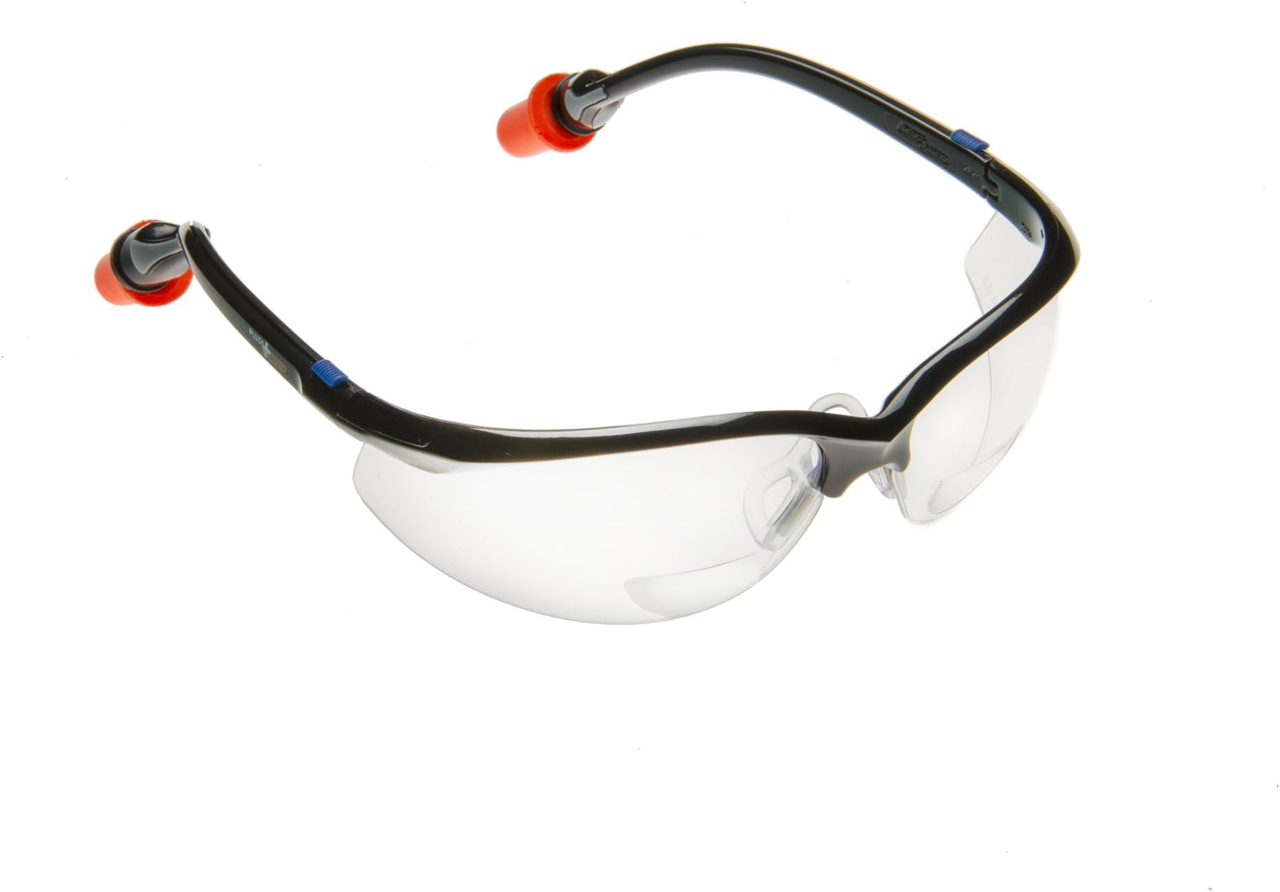 PlugsSafety PSGLS02BF-DF Polycarbonate Bifocal 2.0 Hard Coated Safety Glass with DuraFoam Ear Plugs, Clear Lens, Black Frame