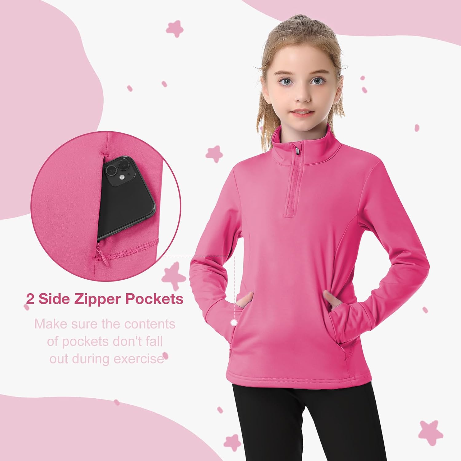 beroy Girls Fleece Long Sleeve Shirts Half Zip Equestrain Shirt Thermal Kids Horse Riding Shirts Thumbhole Pockets - Image 3