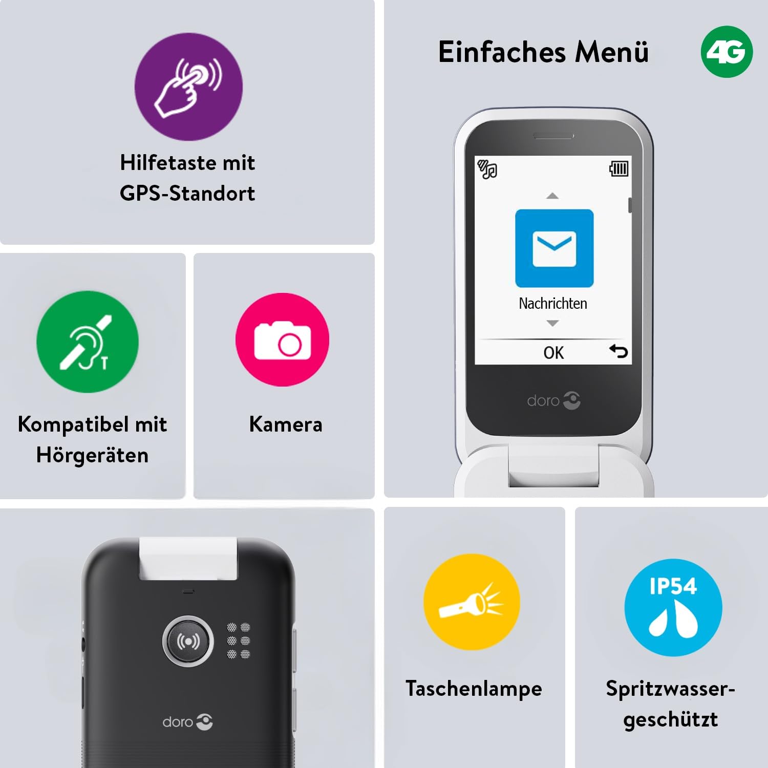 Doro Leva L20 Seniorenhandy, großes Display im Querformat – leistungsstarker HD-Sound – Kamera – Unterstützungstaste mit GPS-Ortung – Basic-Telefon ohne Internet (Schwarz & Weiß)