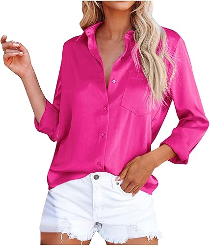 Miniatura 7 de Camisas básicas con botones para mujer, ajuste holgado, manga larga, cuello para trabajo, oficina, blusas elegantes, informales, lisas, camisetas