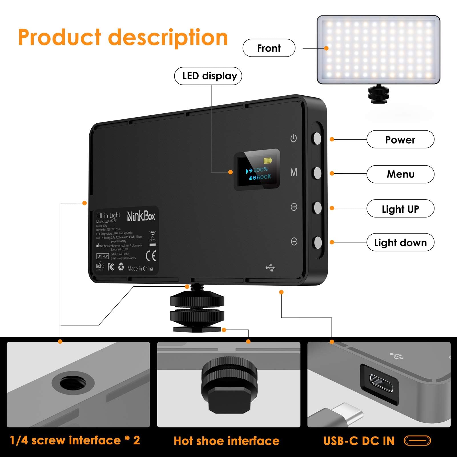 Panneau LED sur Caméra, NinkBox Lumière Vidéo 140 LEDs 2500K-9000K, Luminosité Dimmable, CRI 95+, Eclairage Photo Lampe Portable pour Caméscopes DSLR, Photographie, Batterie Intégérée