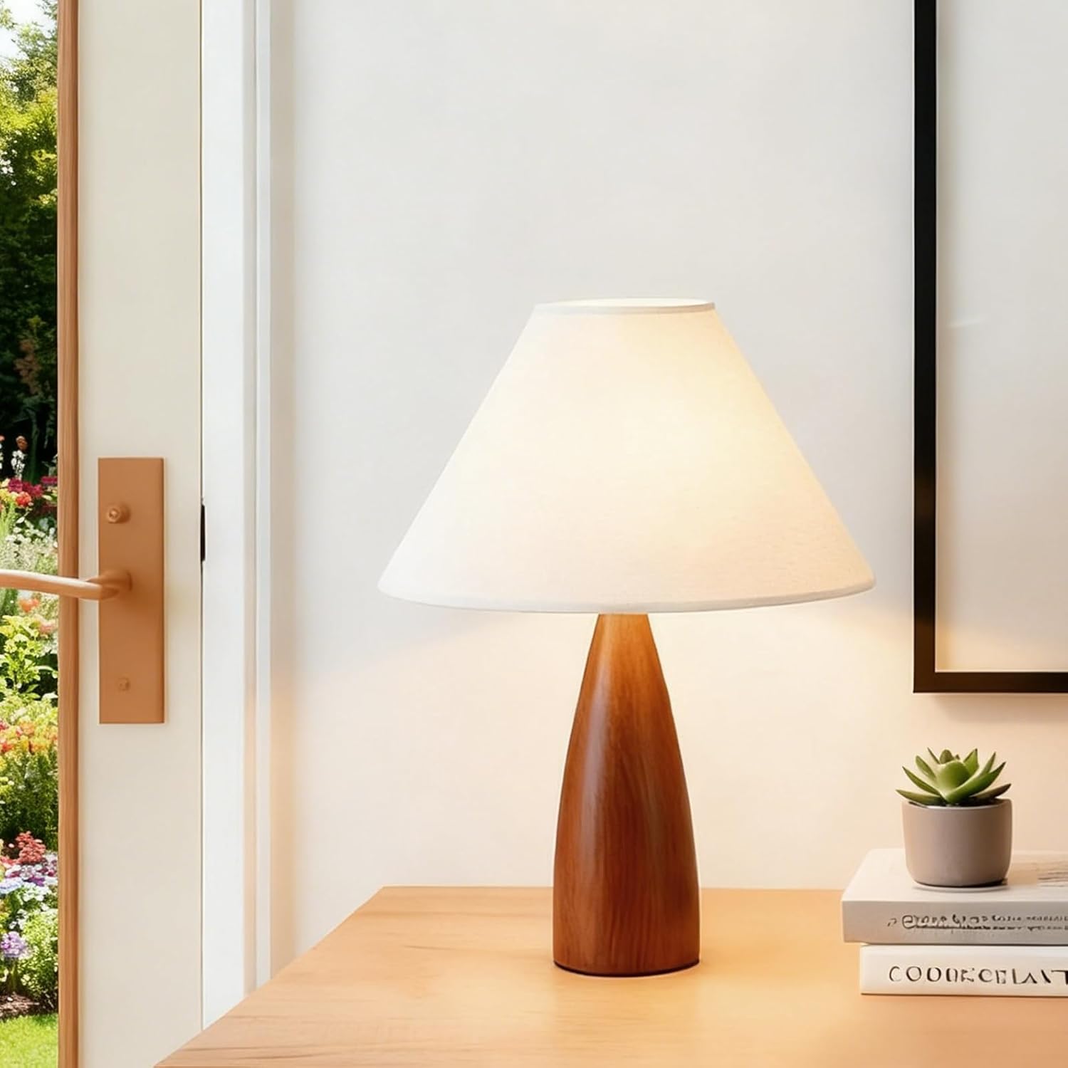 Bedside Table Lamp 16.3" Nightstand Lamp with Solid Wood Base & Linen Lampshade, Farmhouse Lamp Home Decor Vintage Lamp for Bedroom, Living Room End Side Table Lamp (Bulb Not Included)