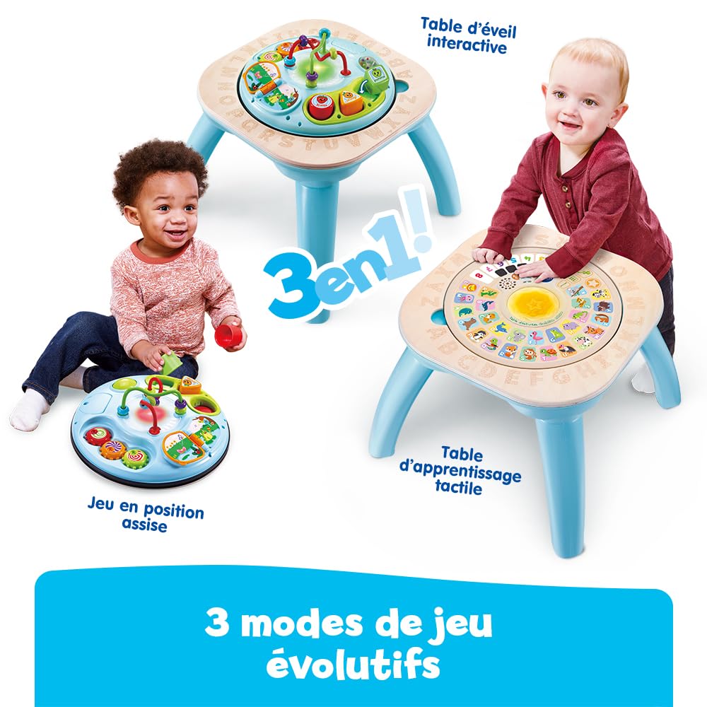 VTech - Table d'Activités Évolutive Nature, Table Multi-Jeux Bébé Réversible et Interactive Partiellement en Bois, Jouet d'Éveil Musical, Trieur de Formes, Cadeau Bébé Dès 9 Mois - Contenu en Français