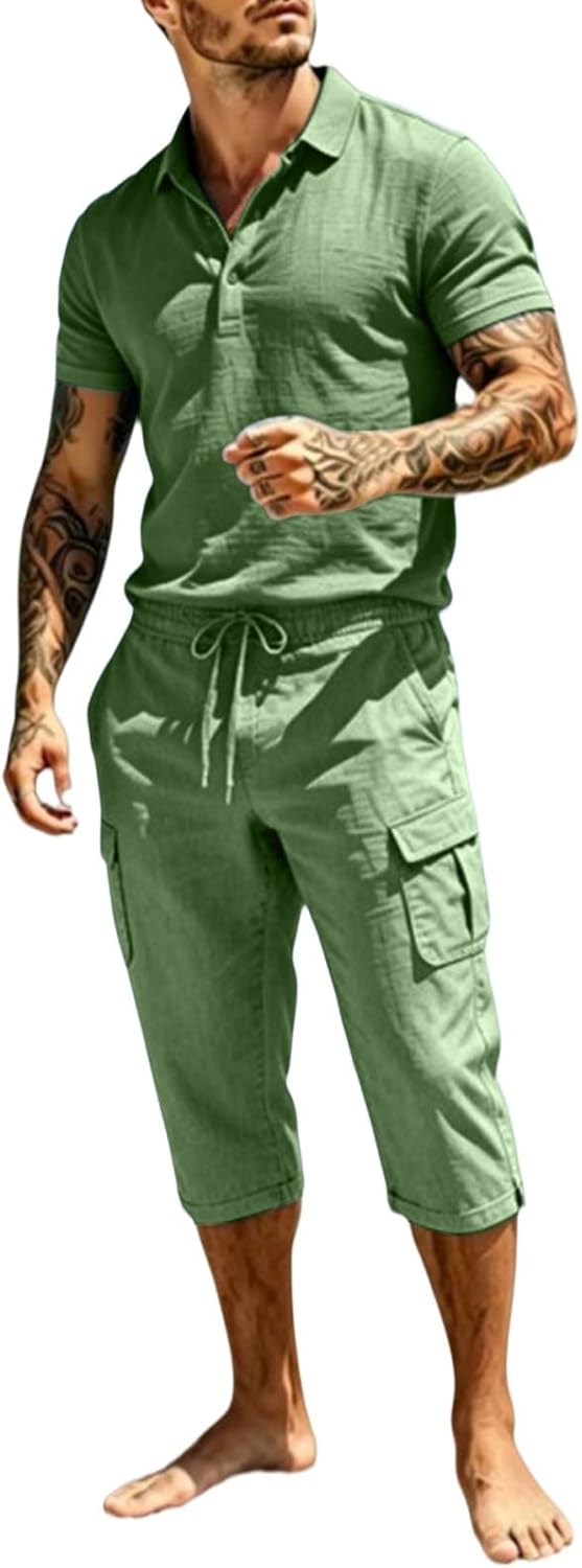 Mens 2 Piece Linen Outfits Short Sleeve Polo Shirts and Cargo Capris Summer Beach Vacation Lounge Set Resort Wear