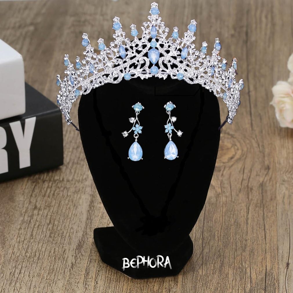 Silver Light Blue Opal Bridal Crown Jewelry Set with Necklace & Earrings – Luxury Gift Box for Weddings, Prom and Formal Events