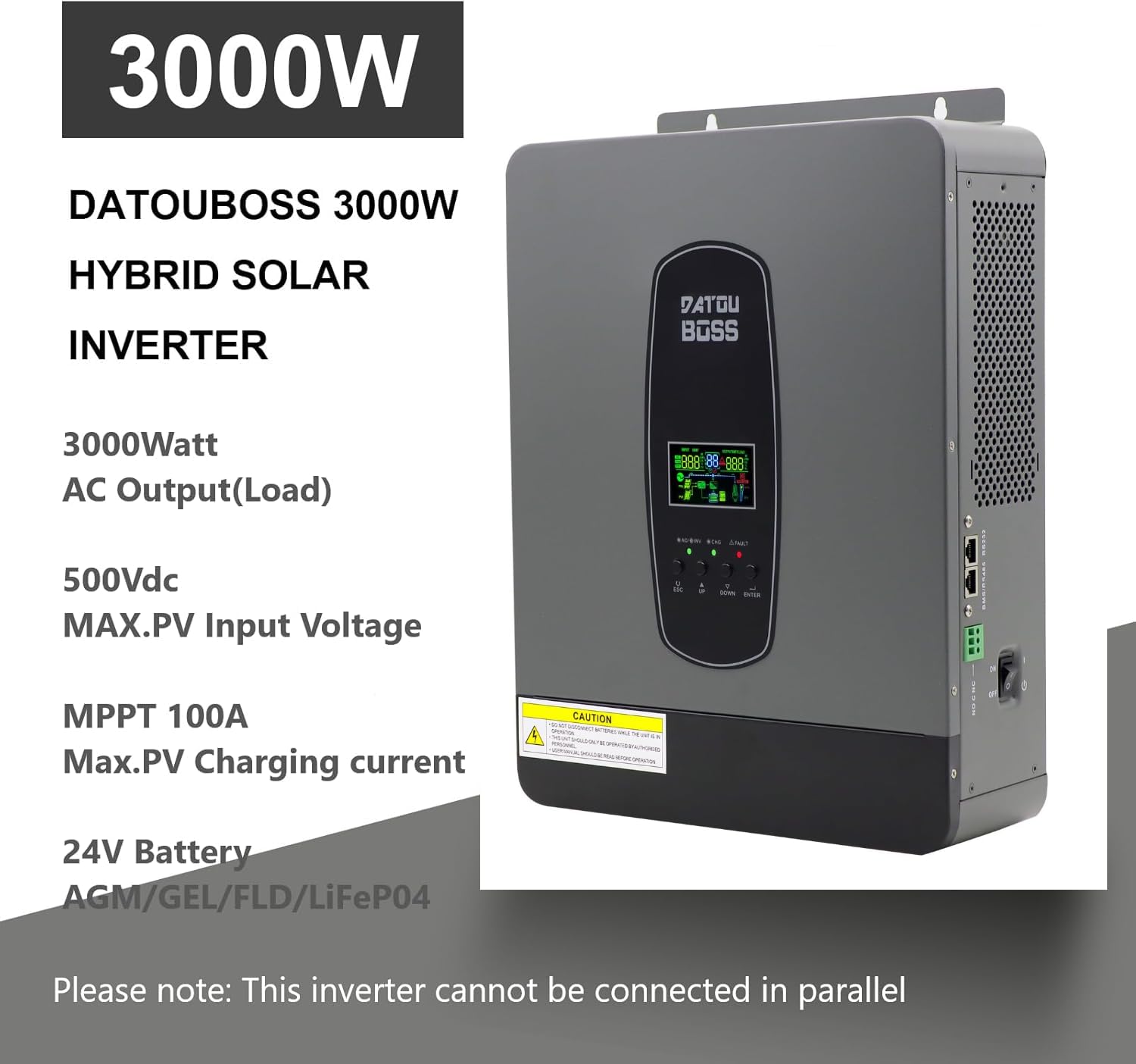 DATOUBOSS 3000W Inverter ibrido sinusoidale puro da 24V DC a 230V AC con regolatore di carica solare MPPT da 80A per batterie al piombo e al litio