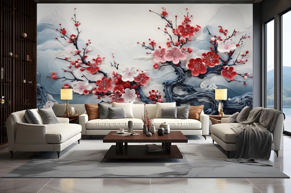 Tapisserie photo fleur de prunier rouge grand format mural