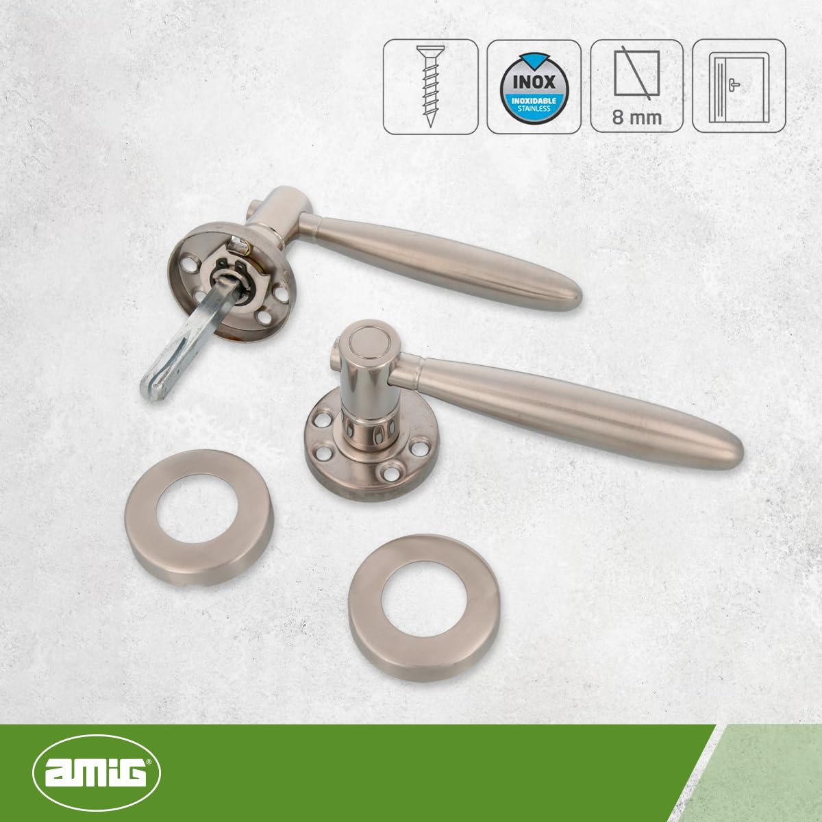Amig - Juego de Manillas con Roseta de Acero Inoxidable, 18/8, Modelo 22R, Medida: 53 mm de diámetro, Cuadradillo de 8 mm, Con llave Allen, Incluye tornillo pasante antirrobo, Acabado: Mate