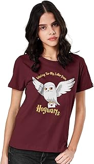 The Souled Store Women Official Harry Potter: Hedwig Special Burgundy Printed T-Shirt for Women Round Neck Half Sleeve Pri...