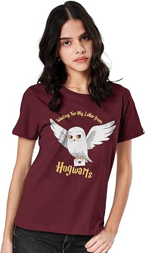 The Souled Store Women Official Harry Potter: Hedwig Special Burgundy Printed T-Shirt for Women Round Neck Half Sleeve Pri...