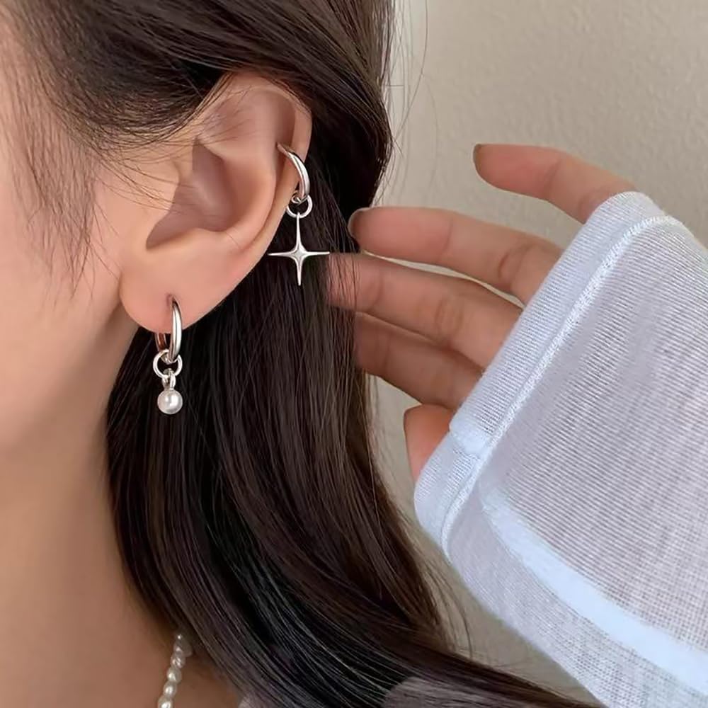 Star Drop Hoop Earrings for Women Teens 925 Sterling Silver Star Huggie Earrings Simulated Pearl Drops Hypoallergenic - Image 2