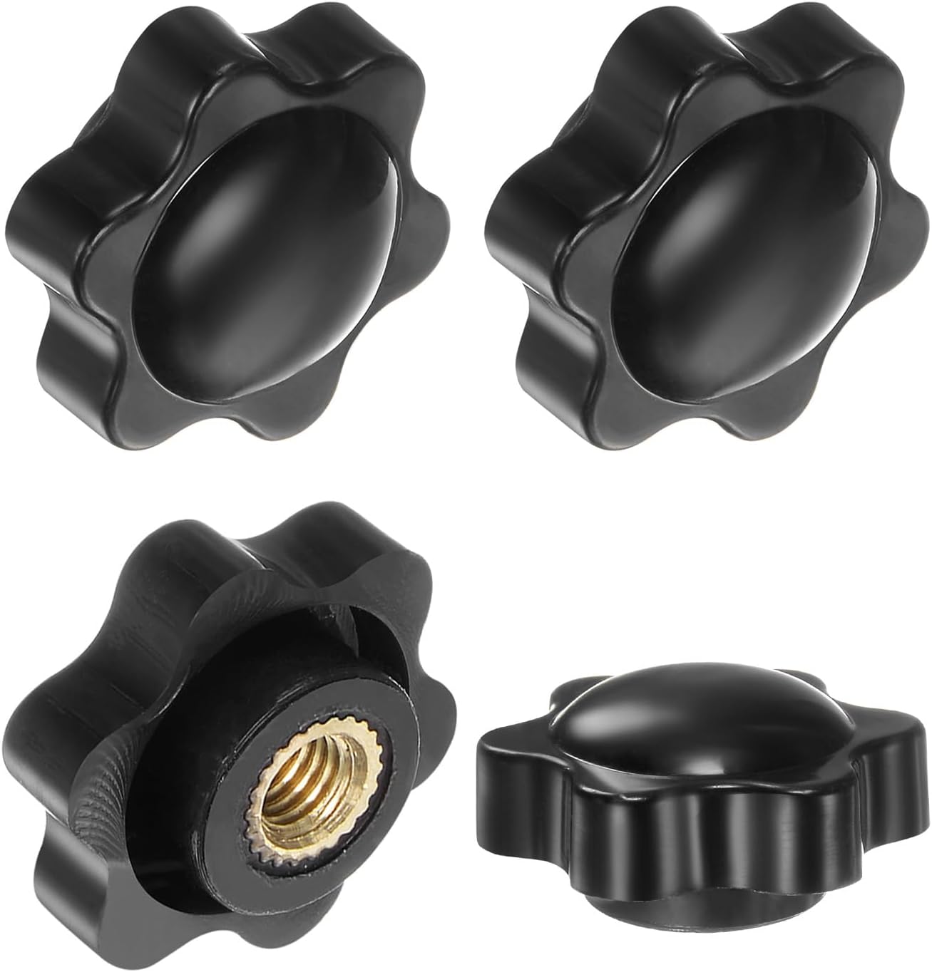 M METERXITY 4-Pack 6 Star Knobs, M6 Female Thread 25mm Hexagon Head Blind Hole Clamping Grip Handles for Machinery/Electronic/Woodworking, Brass Screw-On Threaded Knob [Black]
