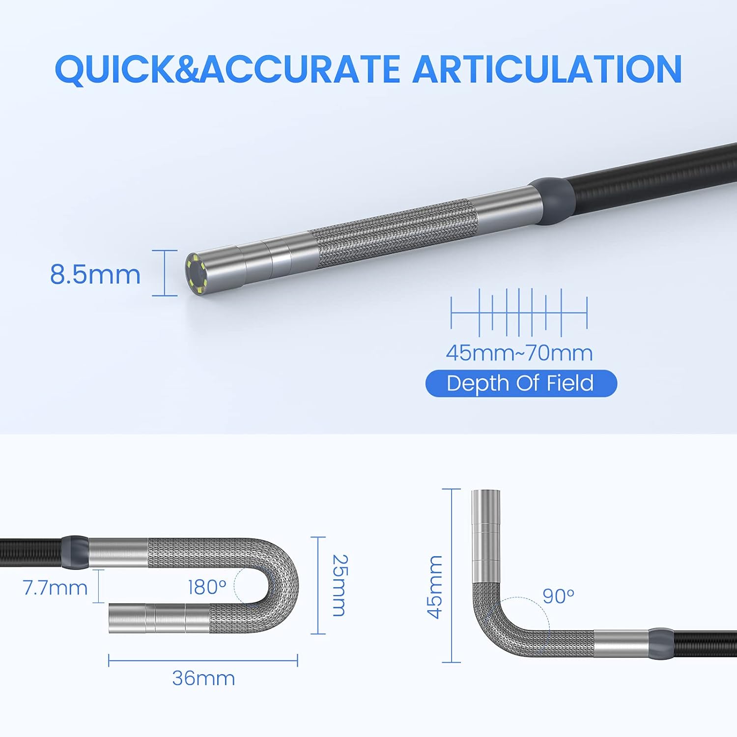 Technical diagram of the borescope probe showing 8.5mm diameter, 45-70mm depth of field, and 90-degree and 180-degree articulation angles.