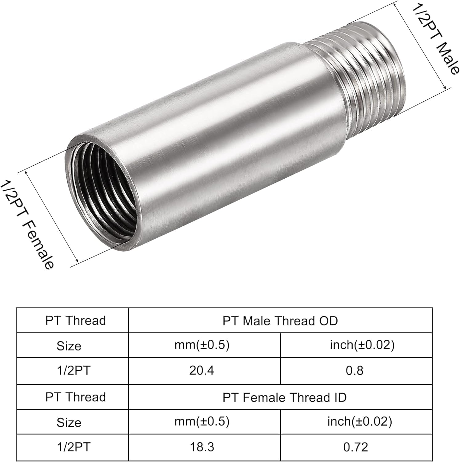 Shower Head Extension Arm, 2.8-Inch 1/2PT Male to 1/2PT Female Thread 304 Stainless Steel Cast Pipe Fitting Coupler
