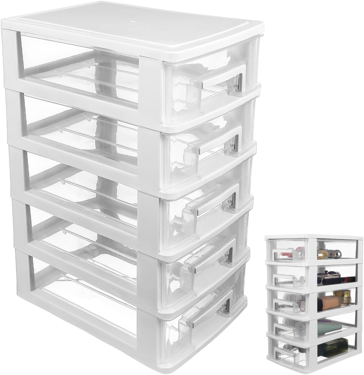 YARNOW 5 Drawer Plastic Storage Cabinet - Clear Desktop Drawer Organizer for Home and Office, Space-Saving, White