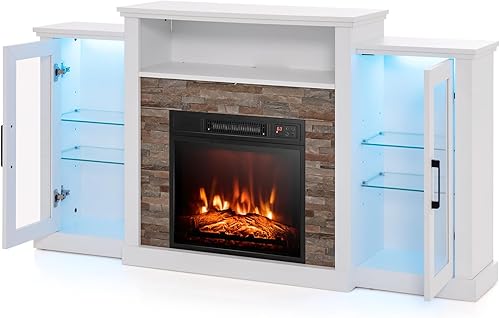 Miniatura 8 de Tangkula Soporte de TV para chimenea eléctrica, chimenea eléctrica con luces LED de 16 colores, estantes de vidrio ajustables, control remoto y