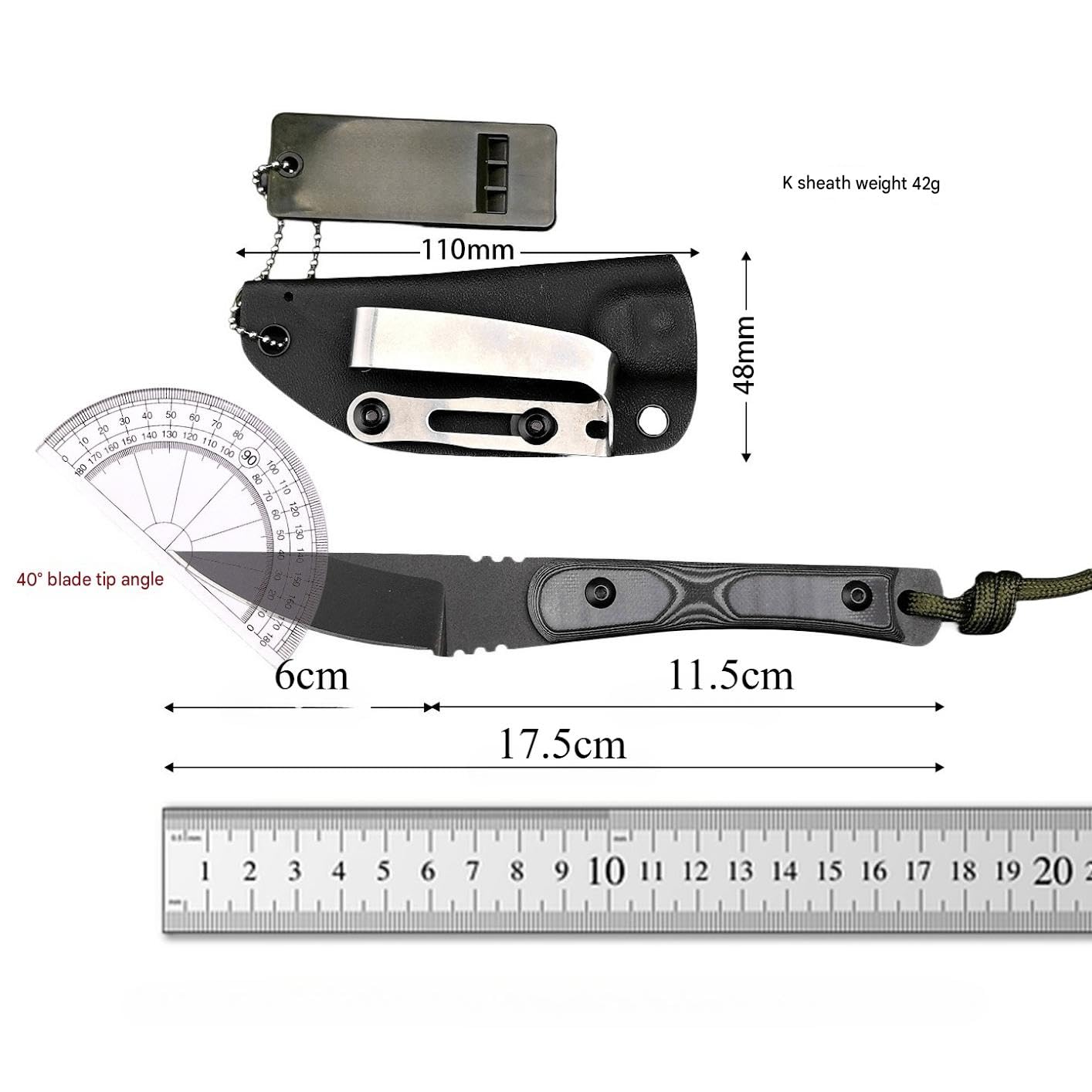 Generisch Feststehendes Edelstahlmesser mit G10-Griff, Gesamtlänge 17,5 cm