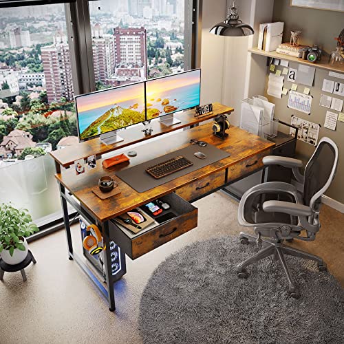 Odk 55 Inch Computer Desk With Drawers, Home Office Desk With Adjustable Monitor Stand, Modern Work Study Writing Table Desk, Vintage #TOP6