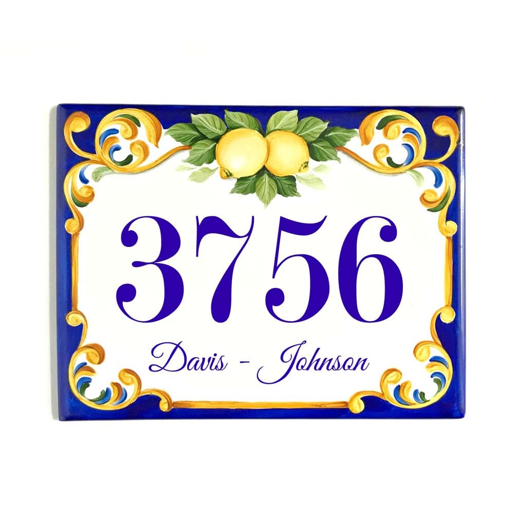 Personalisierte Mediterrane Keramik-Adressplakette mit Hausnummer & Familienname, Blaues Zitronen-Fliesenschild für Haustür, Eingangsbereich, Villa & Zuhause