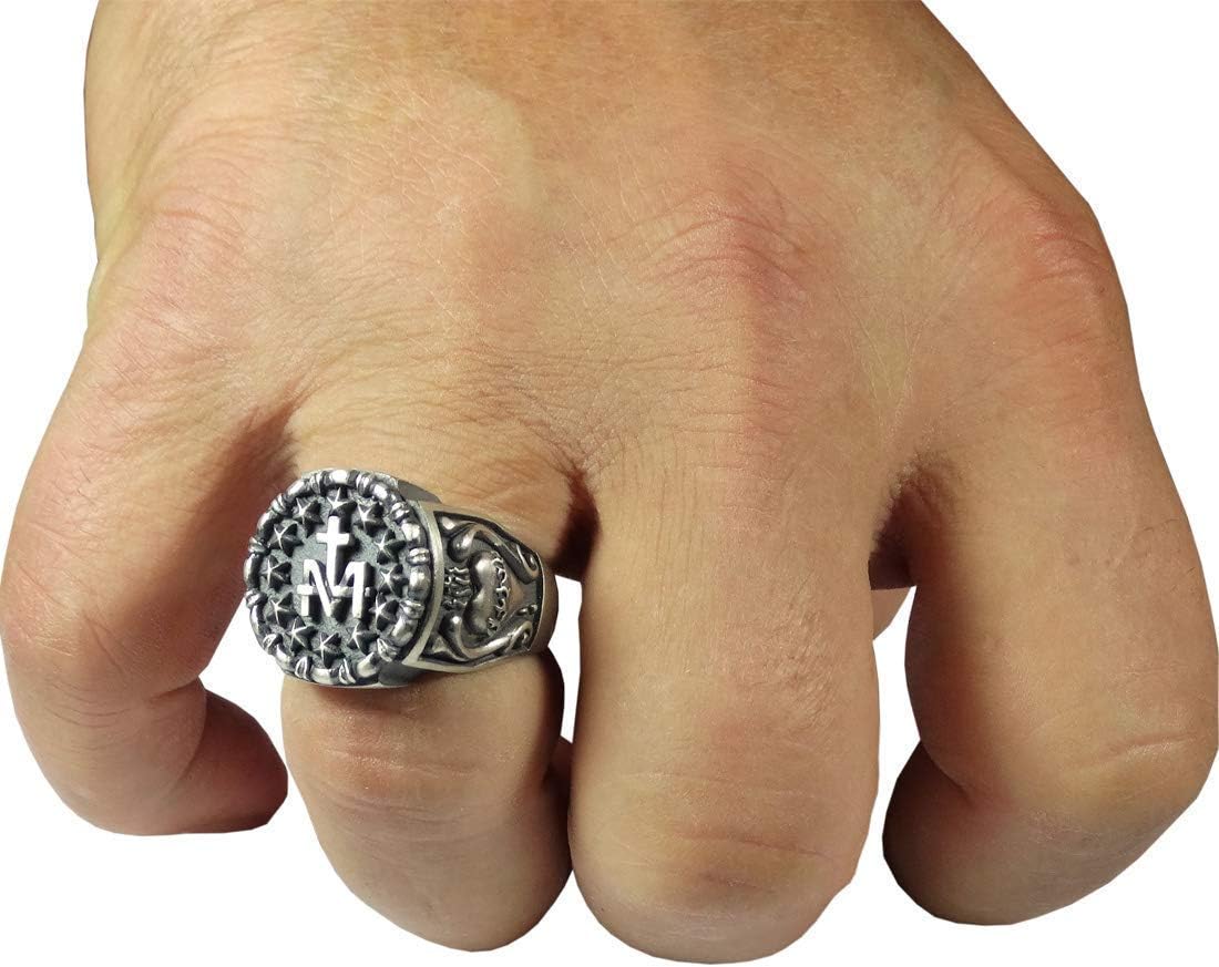 SECRETIUM Sacred Heart Virgin Mary Catholic Religious Silver Mens Cross Ring