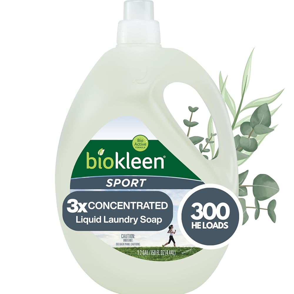 Biokleen Natural Sport 3X Concentrated Laundry Detergent, 300 Loads, Bio Active Formula, Fight Odors, Sweat & Stain Remover, Lavender Eucalyptus Scent
