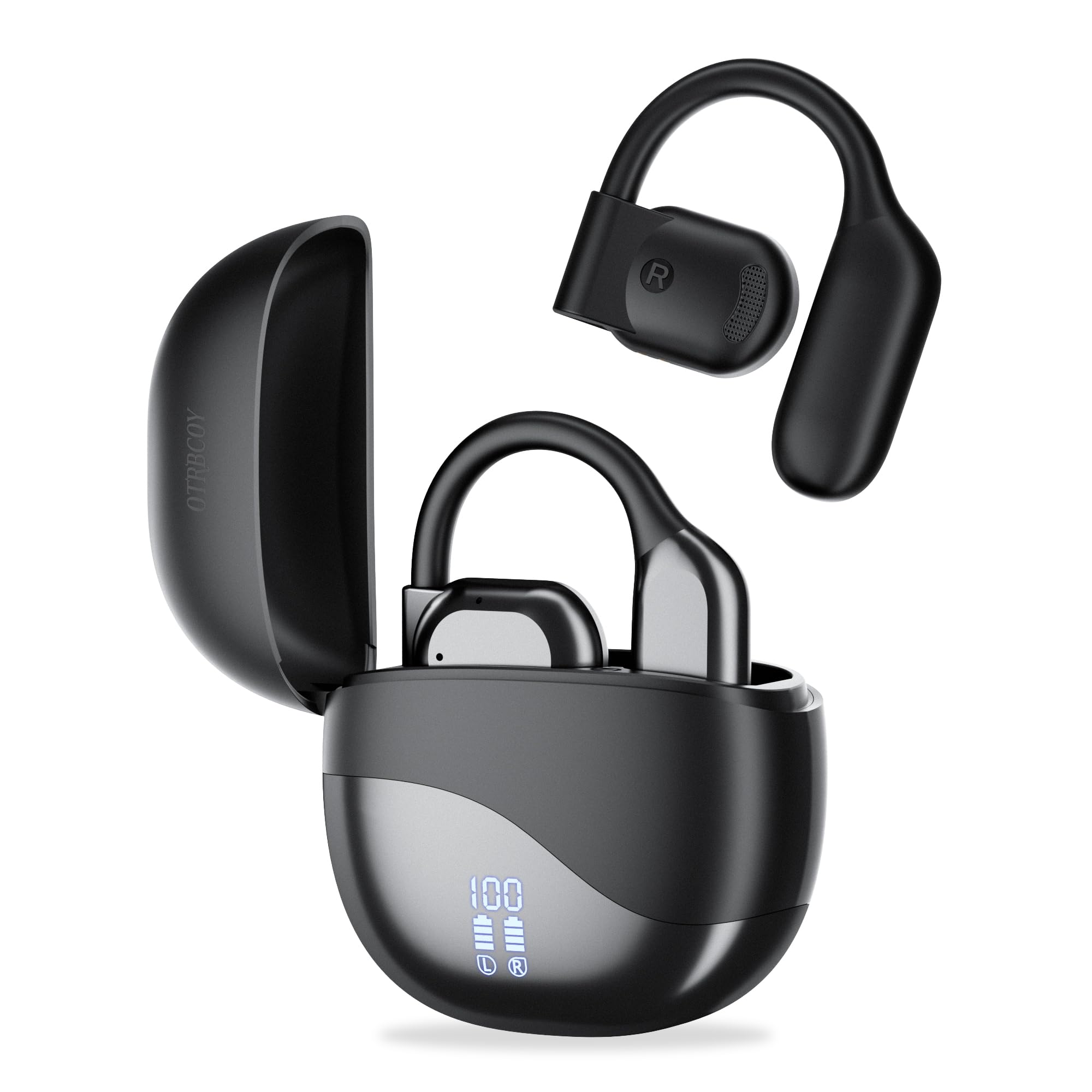 OTRBCOY True Wireless Open Ear Headphones, Bluetooth Headphones 5.4 with Microphone, 75H Playtime, Earhook Earbuds, Digital Display, Open Earbuds,