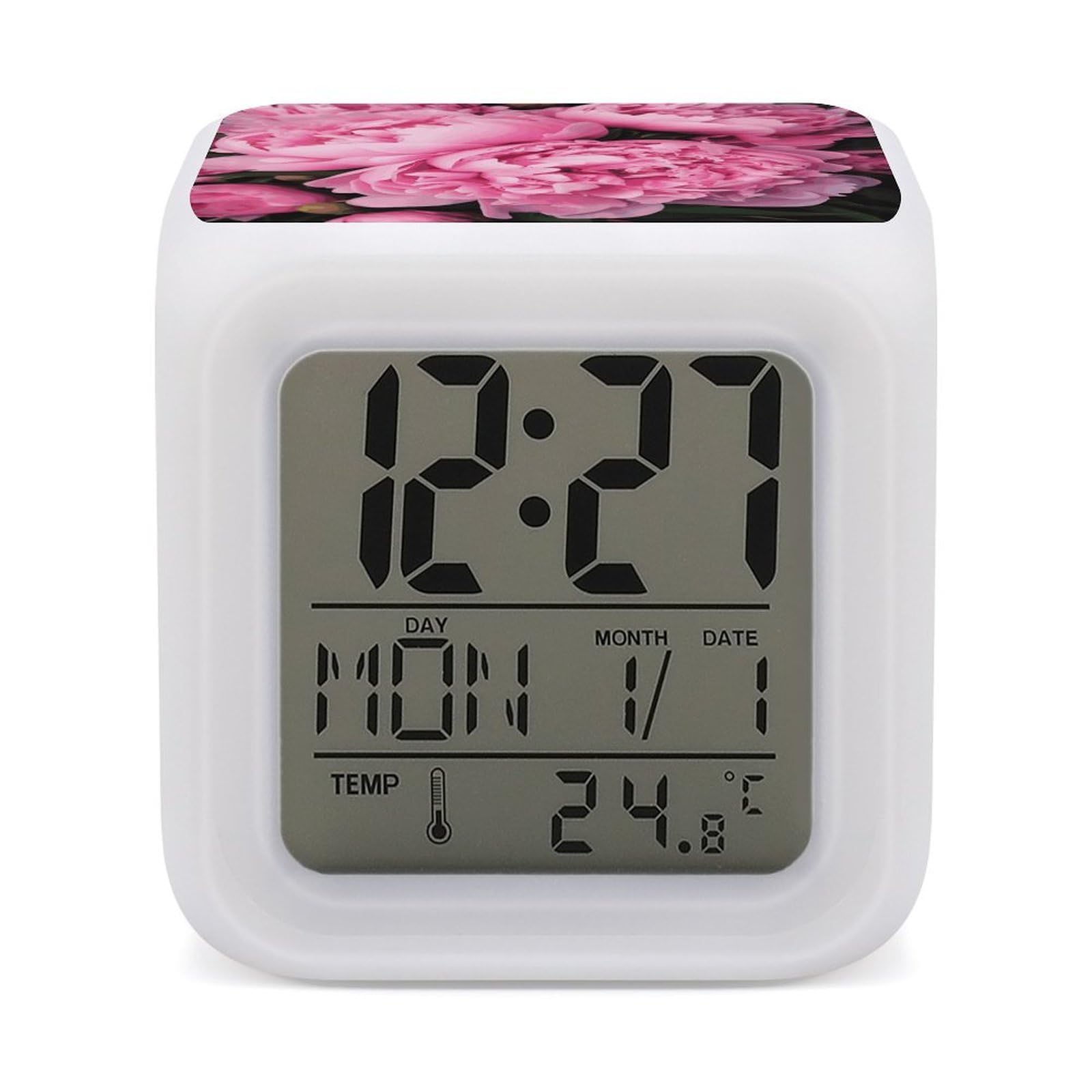 FekiLoot Pink Peony Alarm Clock for Heavy Sleepers Small Digital Alarm Clock with Date Temperature Wake Up Digital Clocks with 7 Colors Changing Desk Clocks for Bedroom Bedside Nightstand