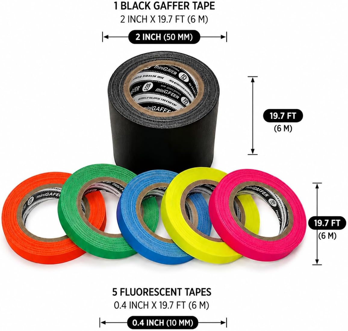 DGTAPE microSET Gaffer Tape 1/2in X 7ya - 5pcs 1/2in Fluorescent +1pcs 2in Wide Black microSET Gaffer Tape - 12mm X 6m - MGSET/B