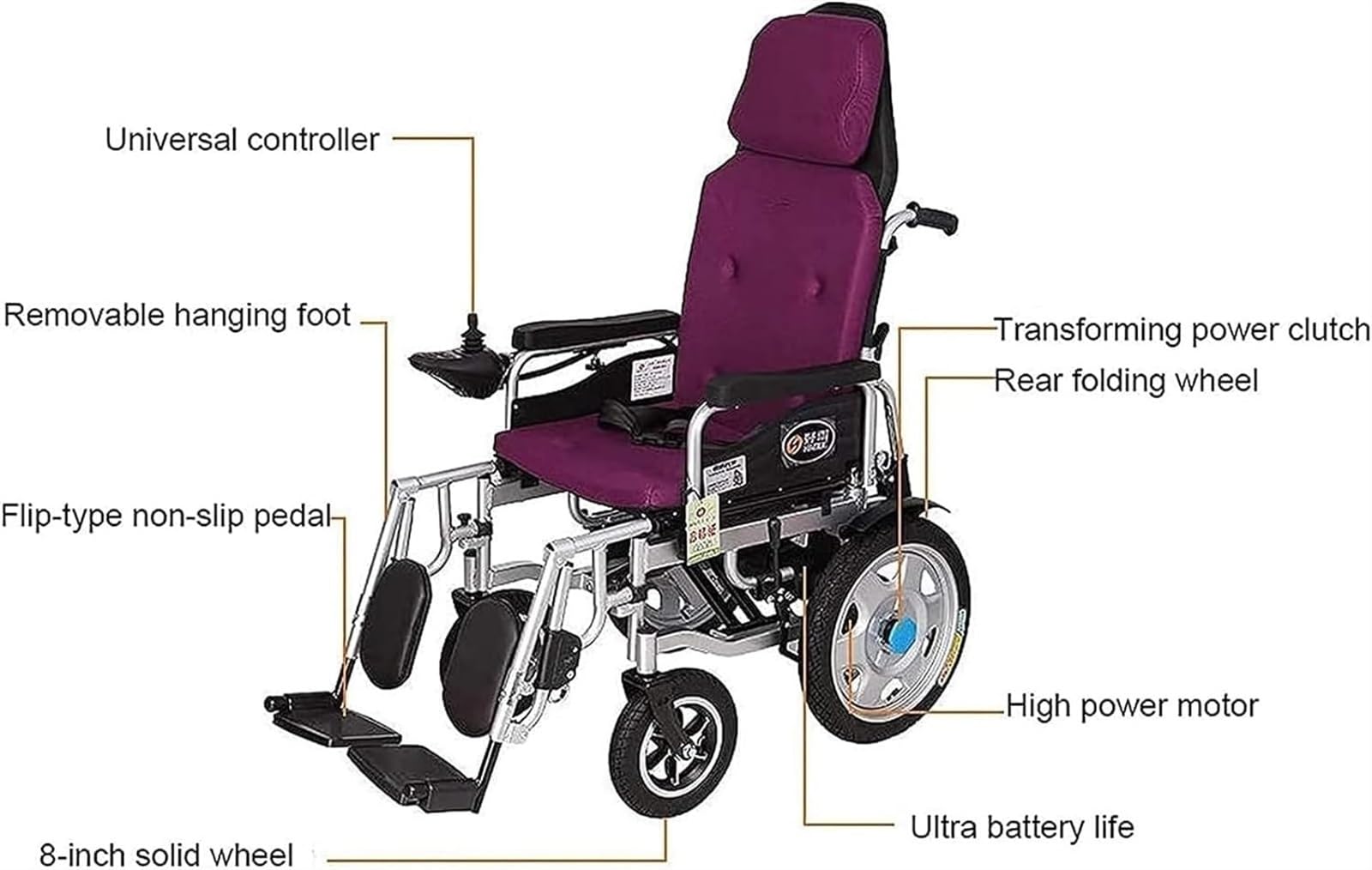 Sedia a rotelle elettrica Intelligente per Adulti, Pieghevole, Leggera, Adatta a Tutti i Terreni, Viola, in Acciaio, Adatta a Tutti i Terreni, Leggera, reclinabile