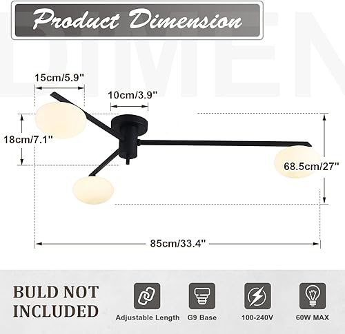 Miniatura 2 de Lámpara de araña Sputnik moderna de 3 luces con pantalla de vidrio de leche, lámpara de techo empotrada negra para cocina