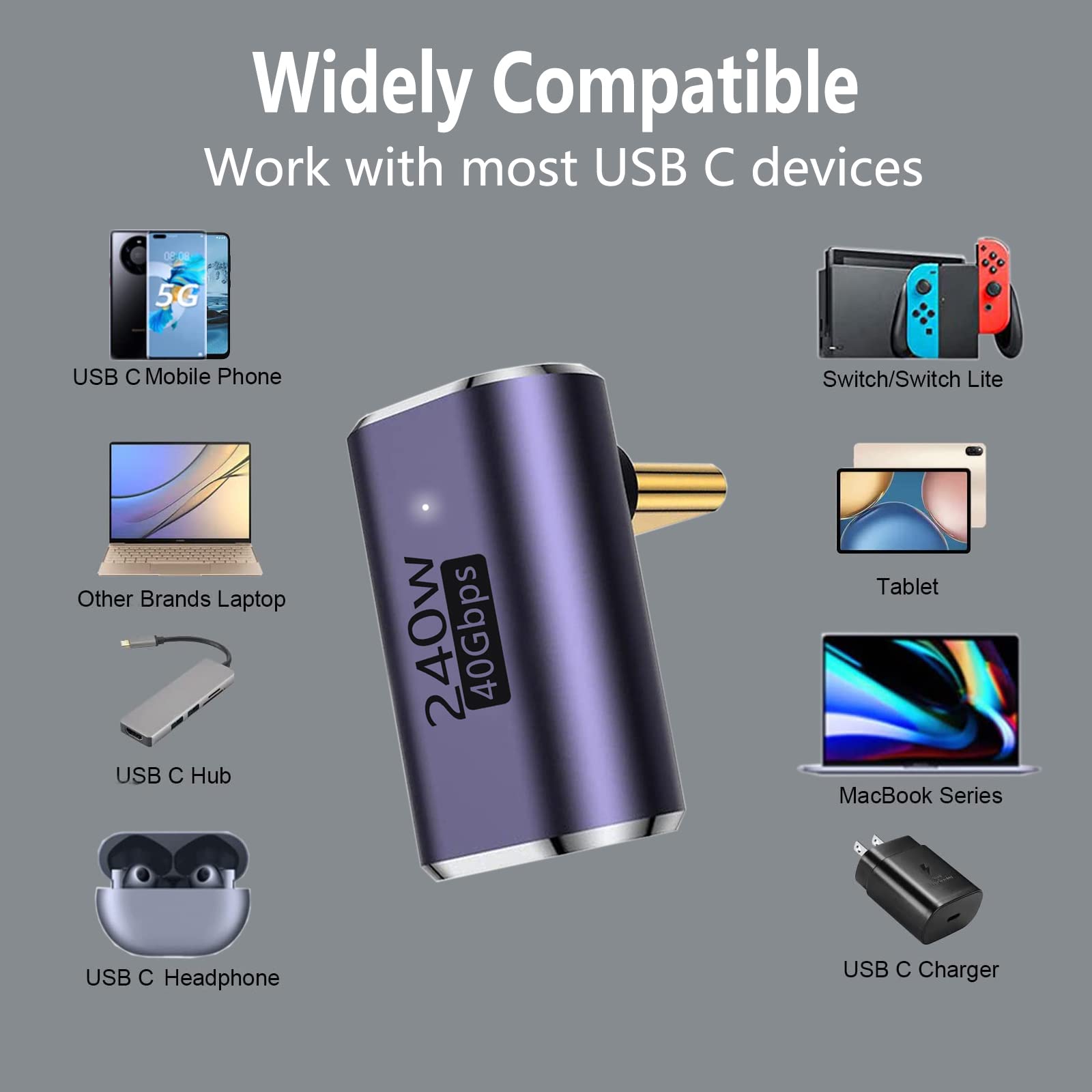 Lot De 5 Adaptateurs USB-C à 90 Degrés - 40 Gbit/s, Charge 240 W, Vidéo 8K à 60 Hz, Compatible Steam Deck, Switch, PC - 5