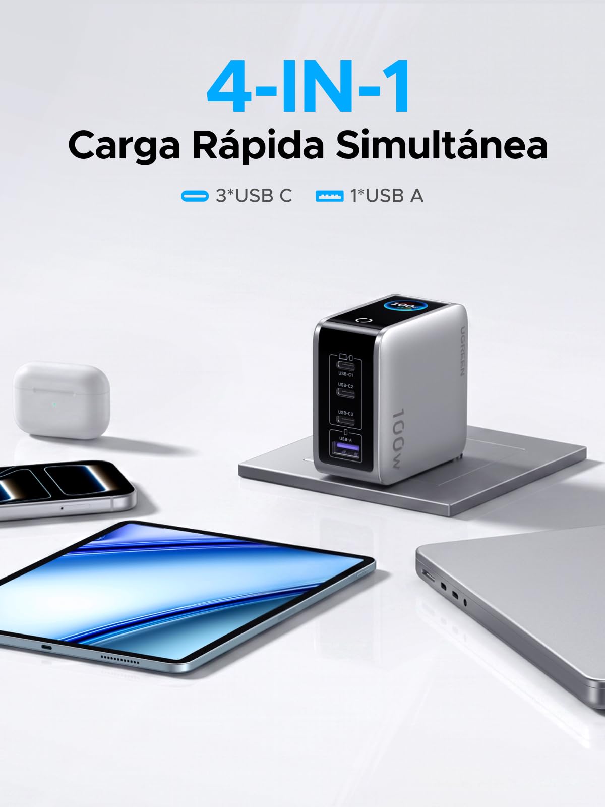 UGREEN Nexode Pro 100W Cargador USB C Carga Rápida Pantalla TFT | 4 Puertos, PD 3.0, PPS 45W, Compatible con iPhone 17 Pro MAX Air 16 15 Galaxy PPS 45W S26 25 Pixel 10 iPad MacBook M5 M4
