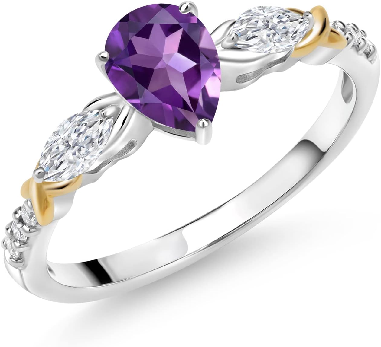 Gemstone Birthstone, Moissanite and Lab Grown Diamond Two-Tone Engagement Ring for Women | 925 Silver 10K Yellow Gold | Pear 7X5MM, Marquise 5X2.5MM, Round 1.2MM | Wedding Anniversary Promise Ring