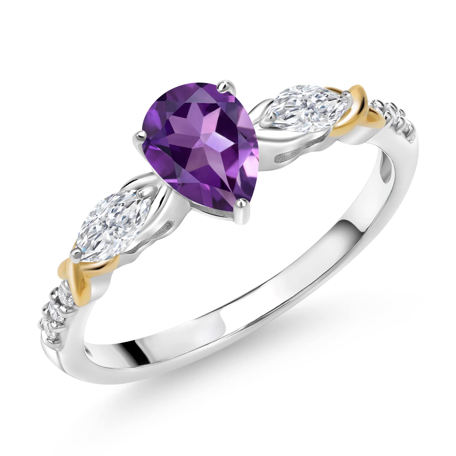 Gem Stone King925 Silver and 10K Yellow Gold Purple Amethyst White Moissanite and White Lab Grown Diamond Engagement Ring For Women (0.93 Cttw, Gemstone Birthstone, Available In Size 5, 6, 7, 8, 9)