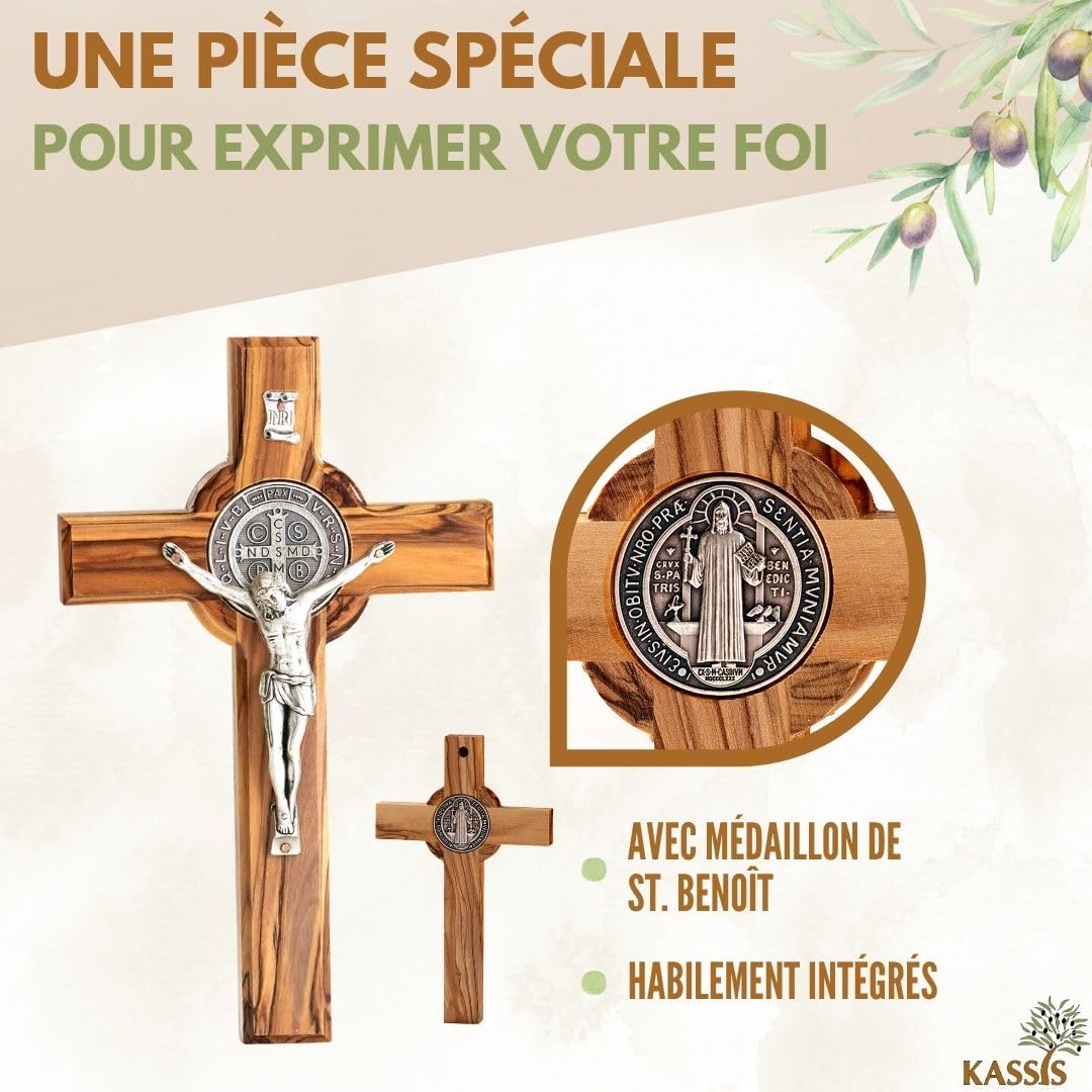 Kassis Geschenkartikel Croix de Saint Benoît en bois d'olivier – Croix murale chrétienne faite main à Bethléem pour baptême et communion – 20 x 12,5 cm (sans gravure), Saint Benoît