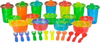 The First Years Take and Toss Toddler Feeding Set — Includes Dishwasher Safe Toddler Bowls, Toddler Snack Cups, Toddler Forks and Spoons, and Toddler Sippy Cups with Snap-On Lids — 28 Count