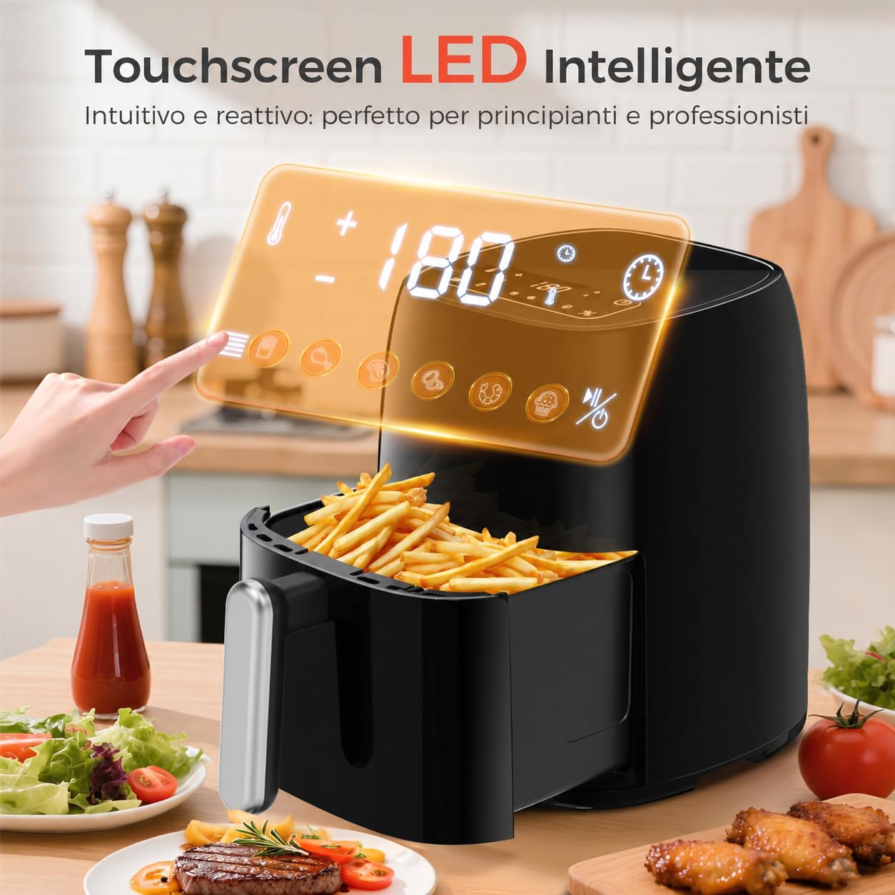 Friggitrice ad Aria 4,2L per 1-4 Persone, Airfryer 1500W 6 in 1, Flusso d'Aria Rapido, Display LED Touch, Temperatura e Timer Regolabili, Cestello Antiaderente Lavabile in Lavastoviglie, Senza Olio