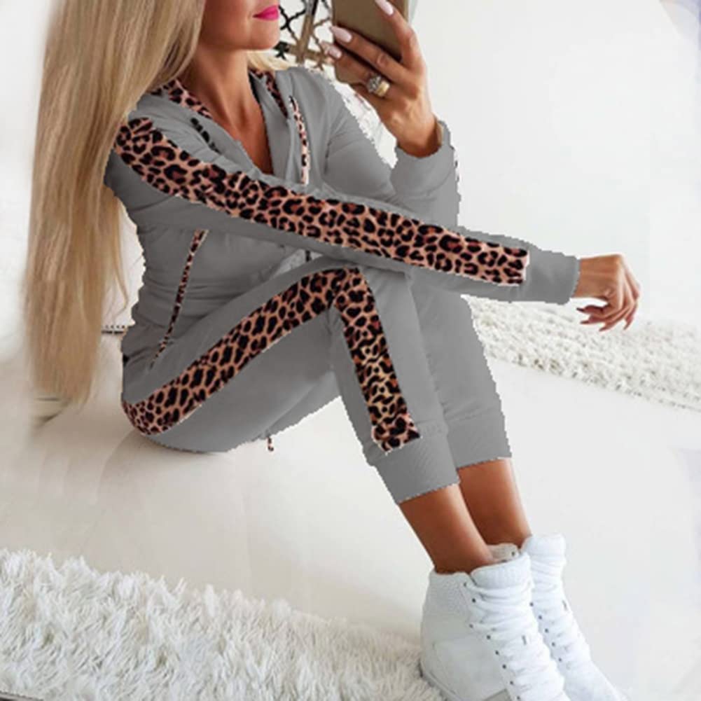 amropi Femme Survêtement Ensembles Imprimées Léopard Tenues Pull à Capuche et Jogging Pantalons Ensemble de Sport