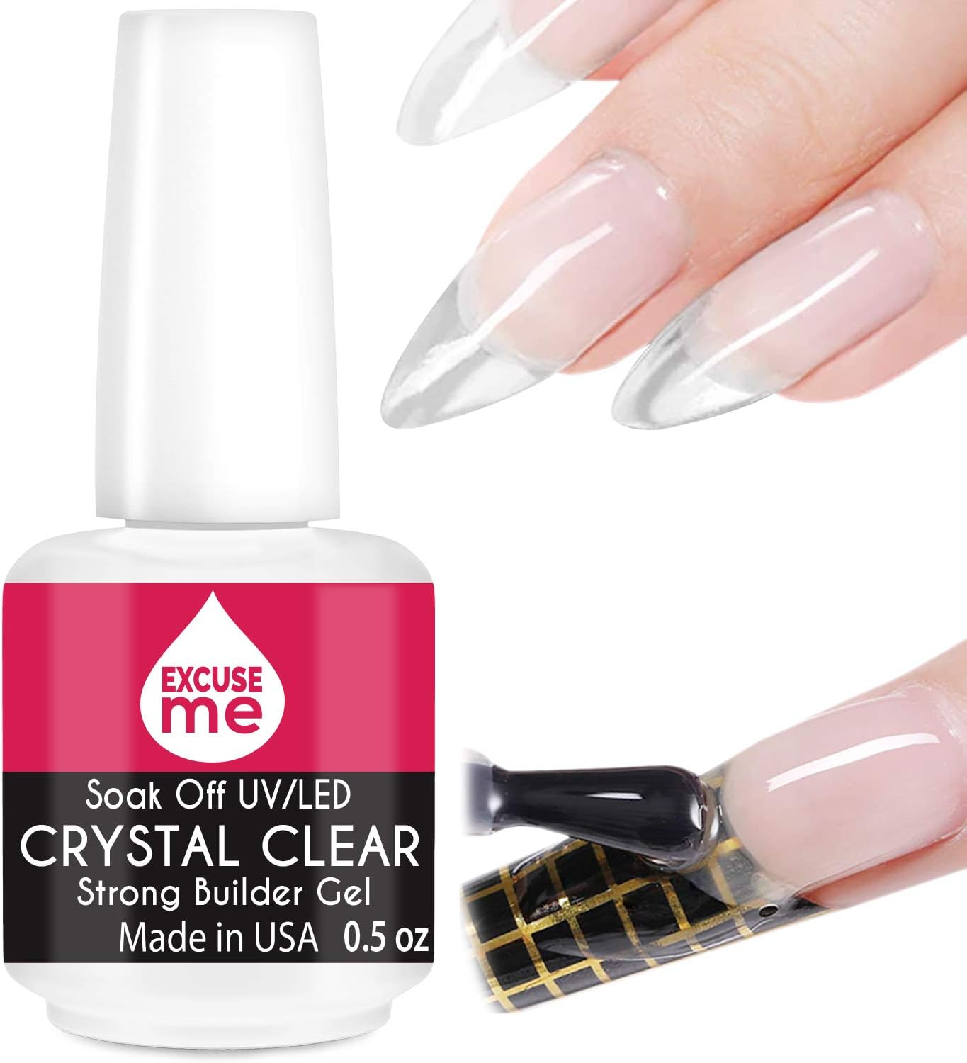 EXCUSE ME Soak Off LED/UV Strong Builder Gel Crystal Clear for Sculpting Nail Extension, Strengthening Natural Nails and Repair Cracked Nails 0.5 oz (1 Piece)